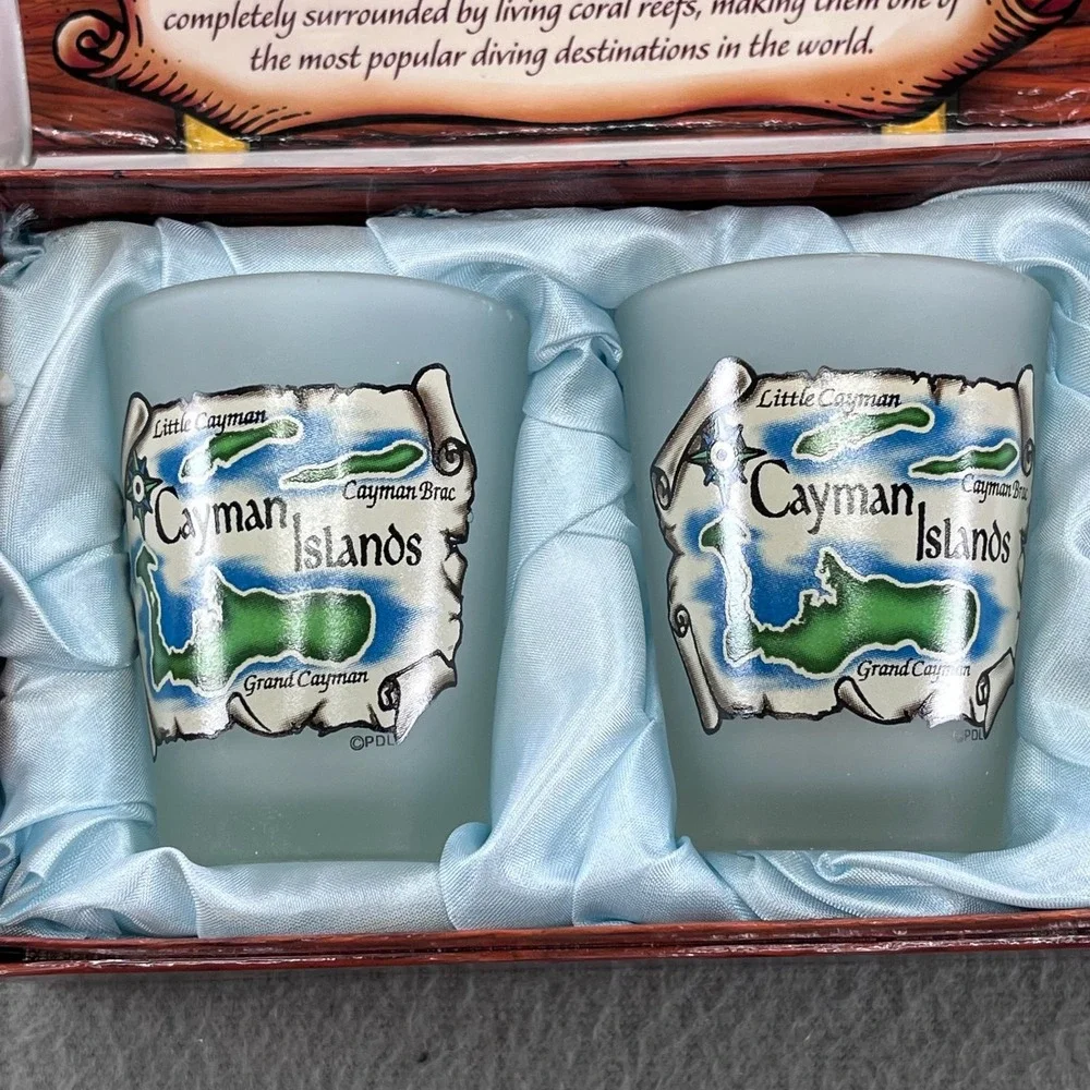 Cayman Islands Souvenir Shot Glass Set Frosted Glass Treasure Chest Box Tropical